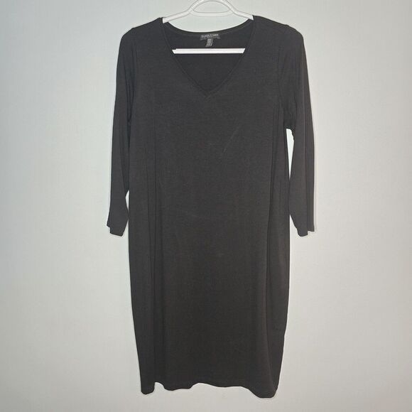 Eileen Fisher Tencel Jersey Black Midi Dress‎ Tunic T-shirt Dress PM V-neck - Picture 1 of 7